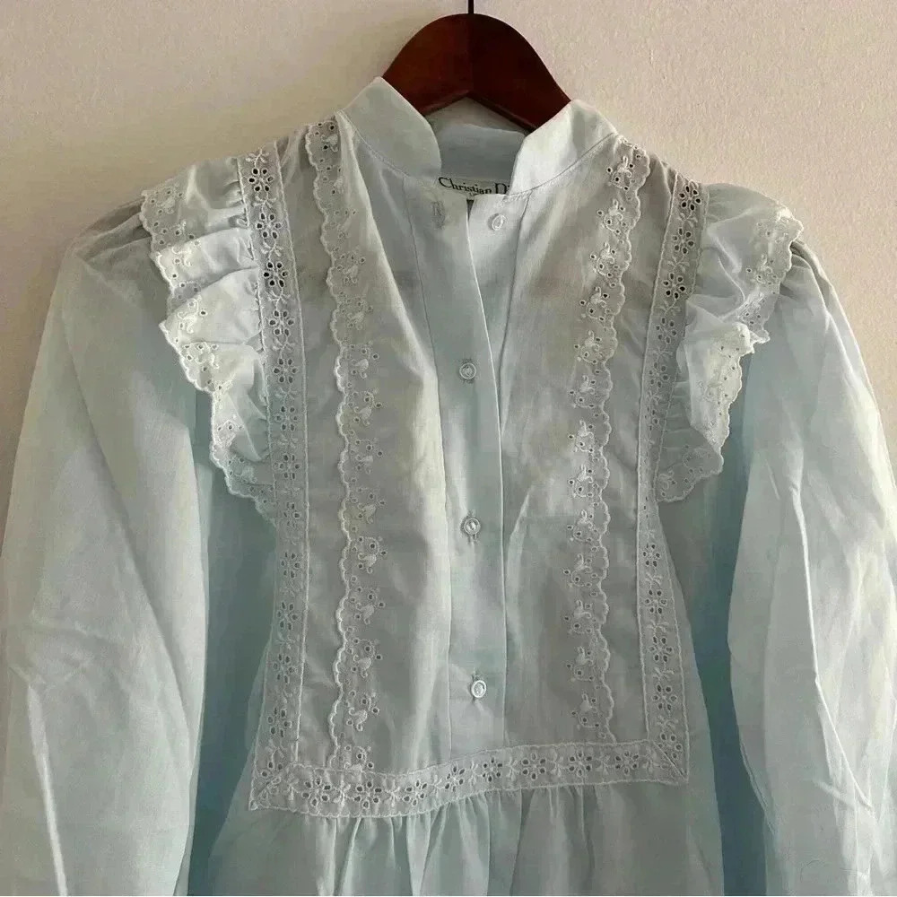 Vintage Christian Dior Blue Cotton Night Gown Dress S/4-6 - Picture 2 of 10